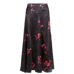 GANNI Black Floral Stretch Silk Midi Skirt NWT